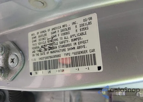 2008 Honda Accord 2.4 Ex-L из США, поврежденный, VIN 1HGCP26878A095682